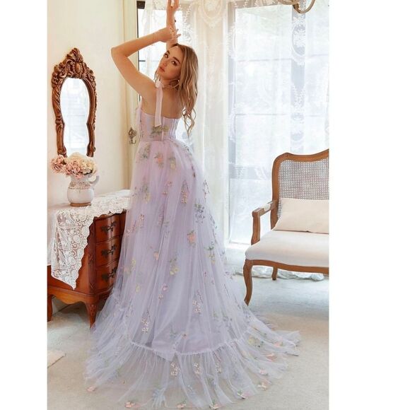 Zapaka Lavender Tulle A Line Corset Plus Size Prom Dress with Embroidered NWT - Picture 4 of 13